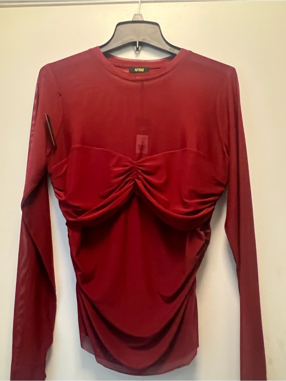 AFRM Long Sleeve Ruched Twist Front Top in Burgundy